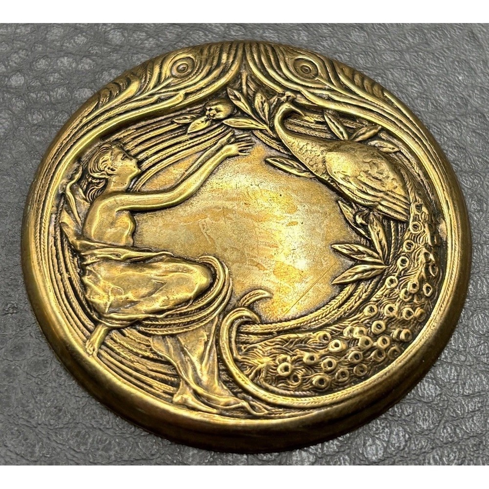 Vintage Art Nouveau Style Lady Peacock Brass Tone Brooch Pin
